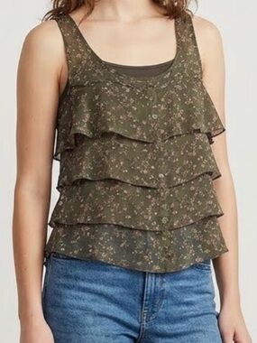 Mossimo Supply Co. Women's Green Floral Ruffle Button Scoop Neck Tank Top, XL